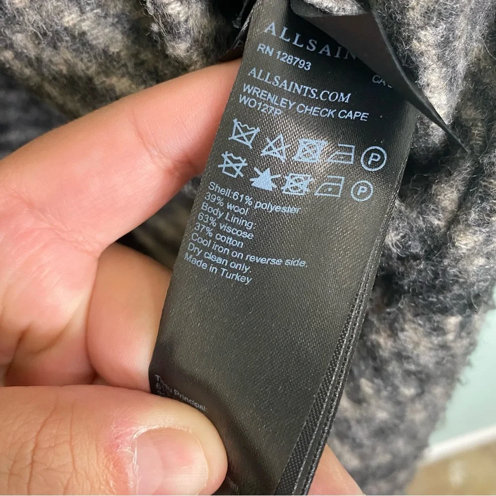 All Saints Wrenley Wool Blend Check Plaid Cape Vest Black Cream M & L Chunky‎ - Picture 6 of 8